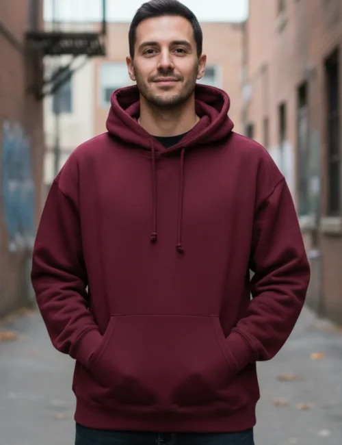 ανδρας φοραει φουτερ μπορντω με κουκουλα