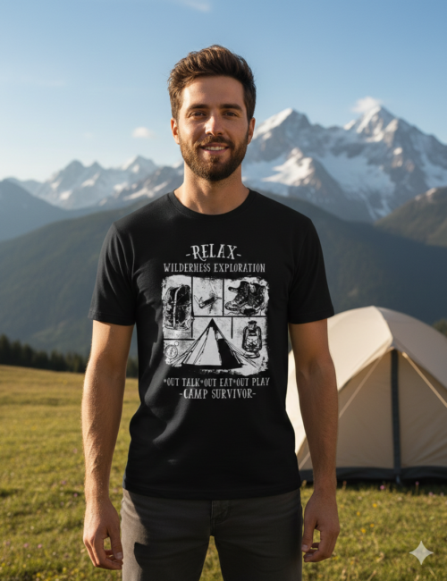 man wearing camp survivor tshirt