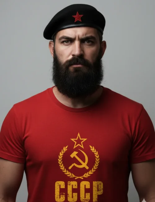 Ρεαλιστική απεικόνιση άνδρα με μούσια και μαύρο μπερέ, που φοράει το κόκκινο vintage CCCP t-shirt του Colour Magic με την κίτρινη στάμπα σφυροδρέπανο.