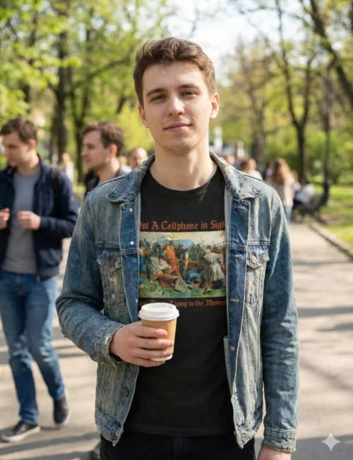 Νεαρός άντρας σε εξωτερικό χώρο που φοράει μαύρο βαμβακερό t-shirt με χιουμοριστική στάμπα μεσαιωνικής μάχης και το κείμενο 'Not a Cellphone in Sight - Just People Living in the Moment'.