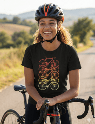 Ορίστε το Alt Text (Εναλλακτικό Κείμενο) για την εικόνα, το οποίο είναι απαραίτητο για την προσβασιμότητα (accessibility) και το SEO της σελίδας σου: Alt Text: "Μια χαμογελαστή γυναίκα με κράνος και ποδηλατικό εξοπλισμό στέκεται δίπλα στο ποδήλατό της σε έναν επαρχιακό δρόμο. Φοράει μαύρο t-shirt με ένα ιδιαίτερο κάθετο illustration που απεικονίζει πέντε ποδήλατα σε διαβάθμιση χρωμάτων από κόκκινο έως κίτρινο.