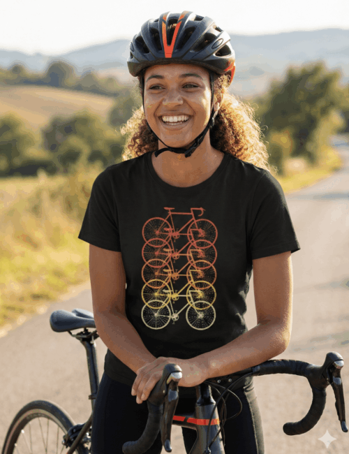 Ορίστε το Alt Text (Εναλλακτικό Κείμενο) για την εικόνα, το οποίο είναι απαραίτητο για την προσβασιμότητα (accessibility) και το SEO της σελίδας σου: Alt Text: "Μια χαμογελαστή γυναίκα με κράνος και ποδηλατικό εξοπλισμό στέκεται δίπλα στο ποδήλατό της σε έναν επαρχιακό δρόμο. Φοράει μαύρο t-shirt με ένα ιδιαίτερο κάθετο illustration που απεικονίζει πέντε ποδήλατα σε διαβάθμιση χρωμάτων από κόκκινο έως κίτρινο.
