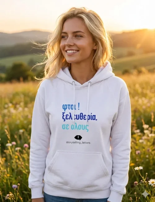ξανθια κοοπελα σε λιβαδι φορωντας hoodie με σταμπα "φτου ξελευθερία"