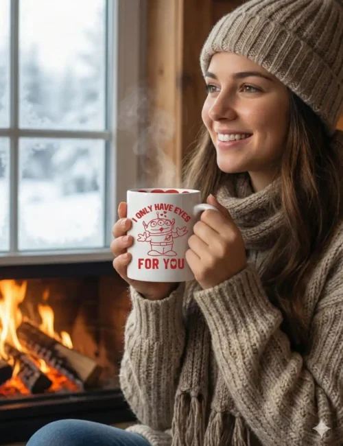 Γυναίκα με χειμωνιάτικα ρούχα και σκούφο κρατάει ζεστή την κούπα 'I only have eyes for you' δίπλα στο τζάκι.