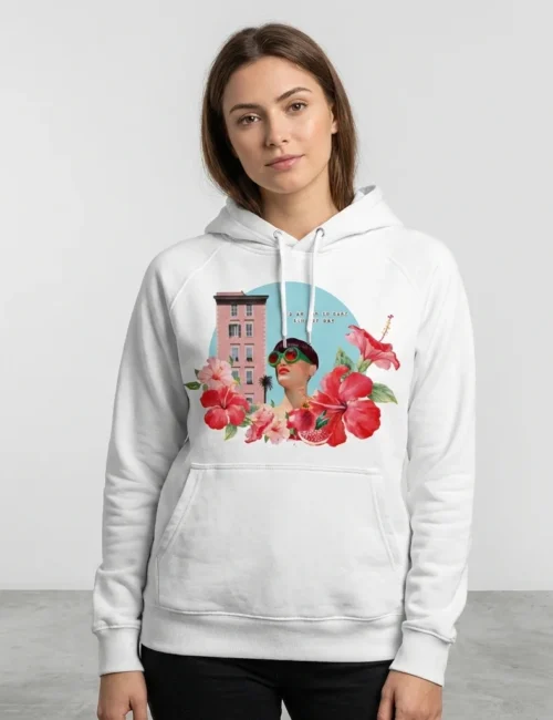 giel wearing ibiscus tea hoodie by Villy Calliga