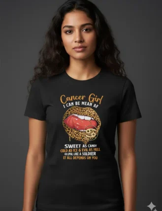 Γυναίκα που φοράει μαύρο t-shirt Cancer Girl με leopard lips στάμπα και σύμβολο ζωδίου."
